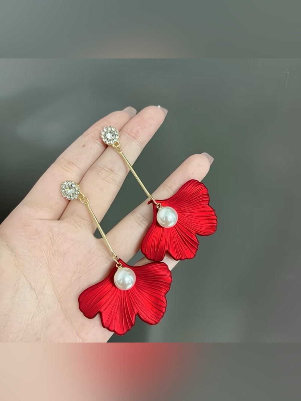Crystal Stud Red Flower Drop Earrings with Pearl Accent
